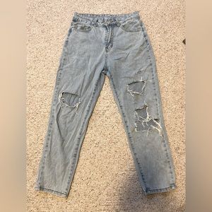 High Rise Light Blue Denim Baggy Ripped Jeans